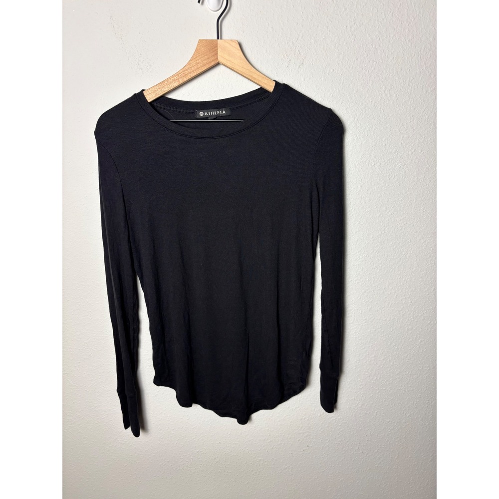 Athleta Revive Long Sleeve Ribbed Shirt Black Crew Neck Curved Hem Small 162780